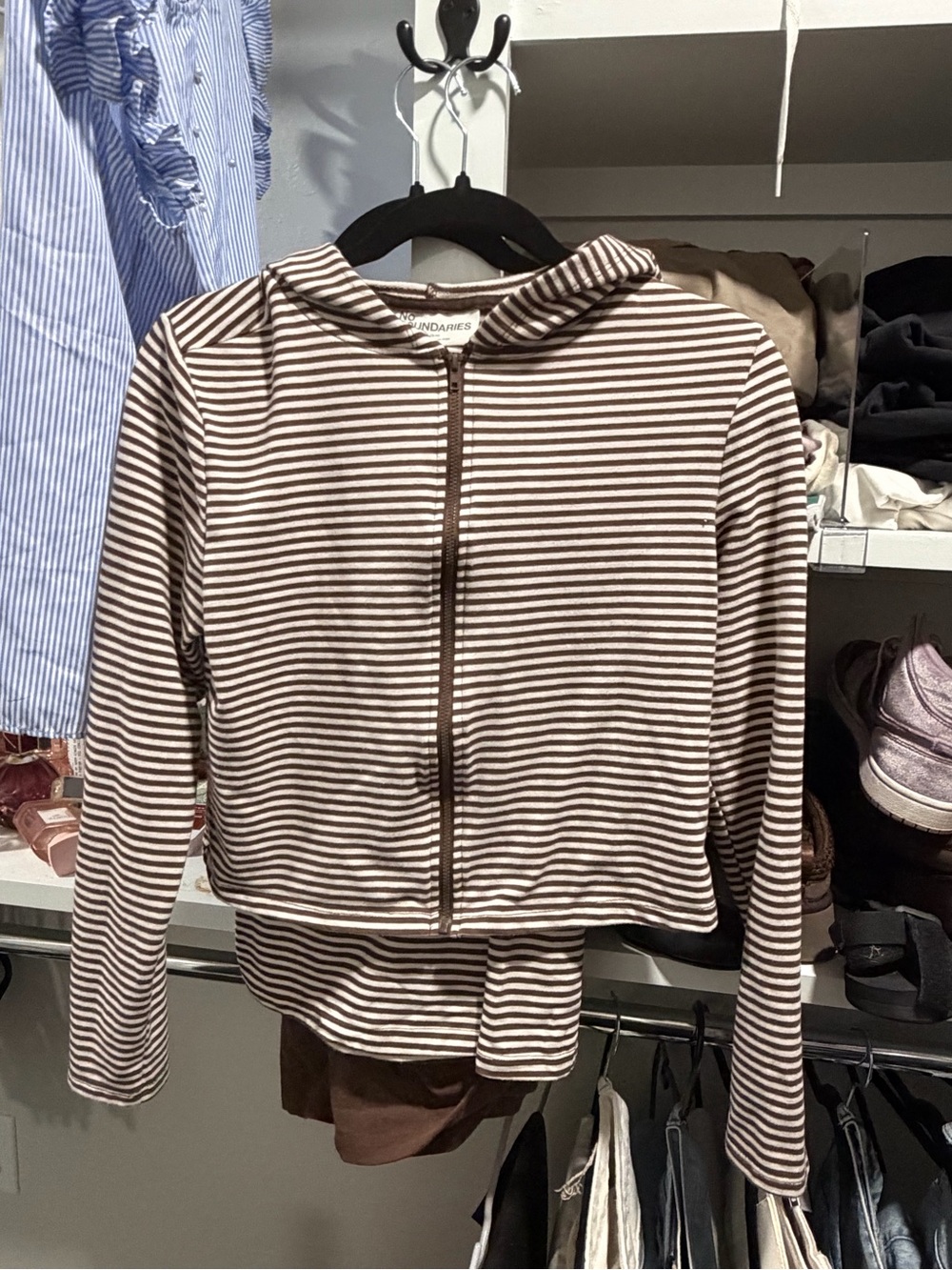 No Boundaries Brown and White Striped Hooded Zip-Up Jacket and Pants SET